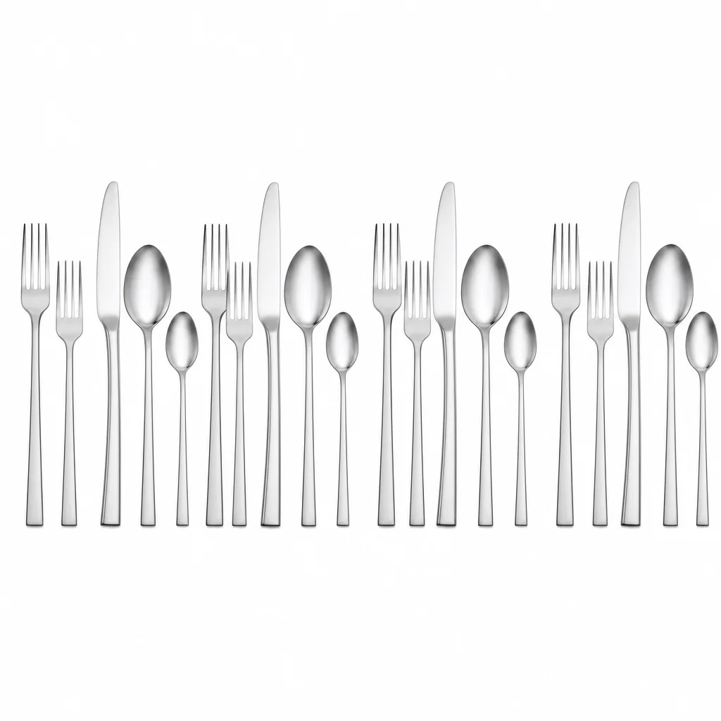 Linear flatware set for plate and serve motion